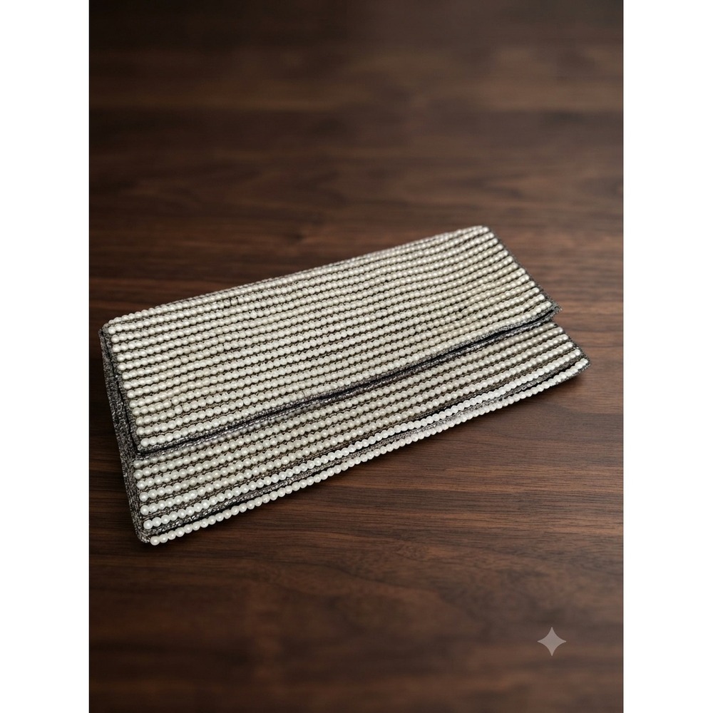 Forever 21 Faux Pearl Beaded Envelope Clutch Bag Cream Silver Grey‎ New